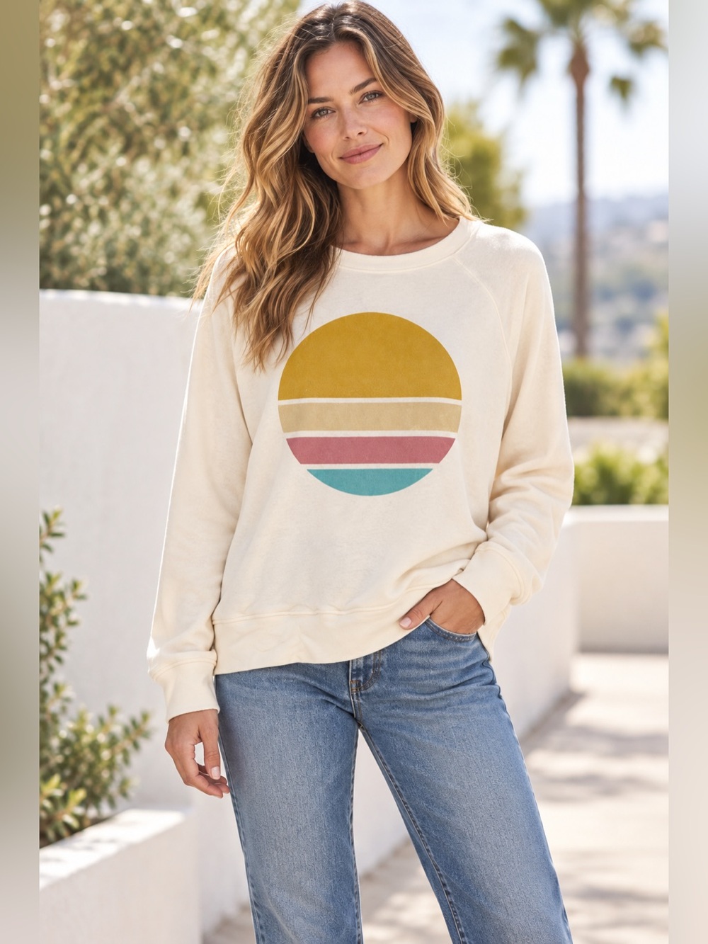 78 & SUNNY Logo Graphic Pullover Color Block Pullover in Cream Size Medium NWT